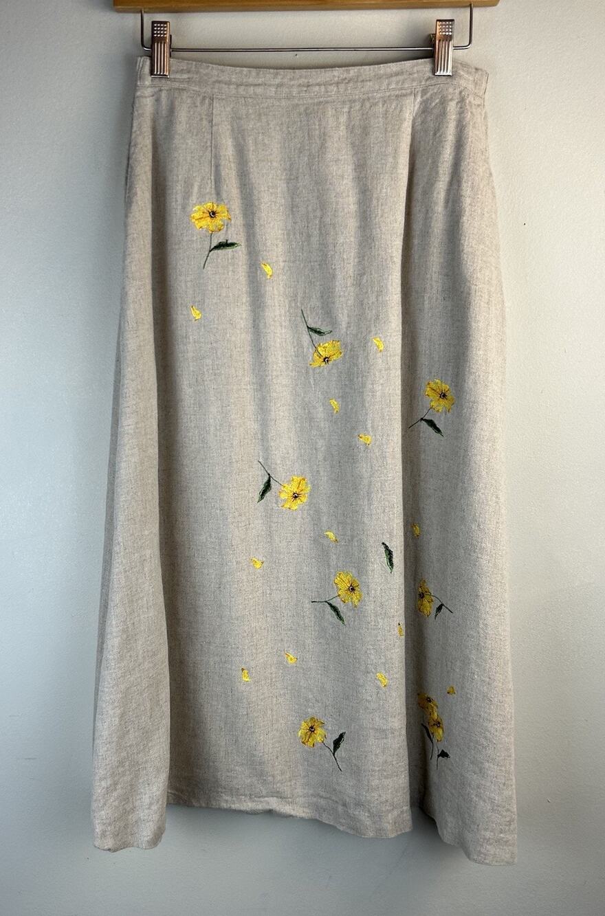 VTG National Wildlife Federation Linen Blend Skirt Yellow Floral Embroidered M